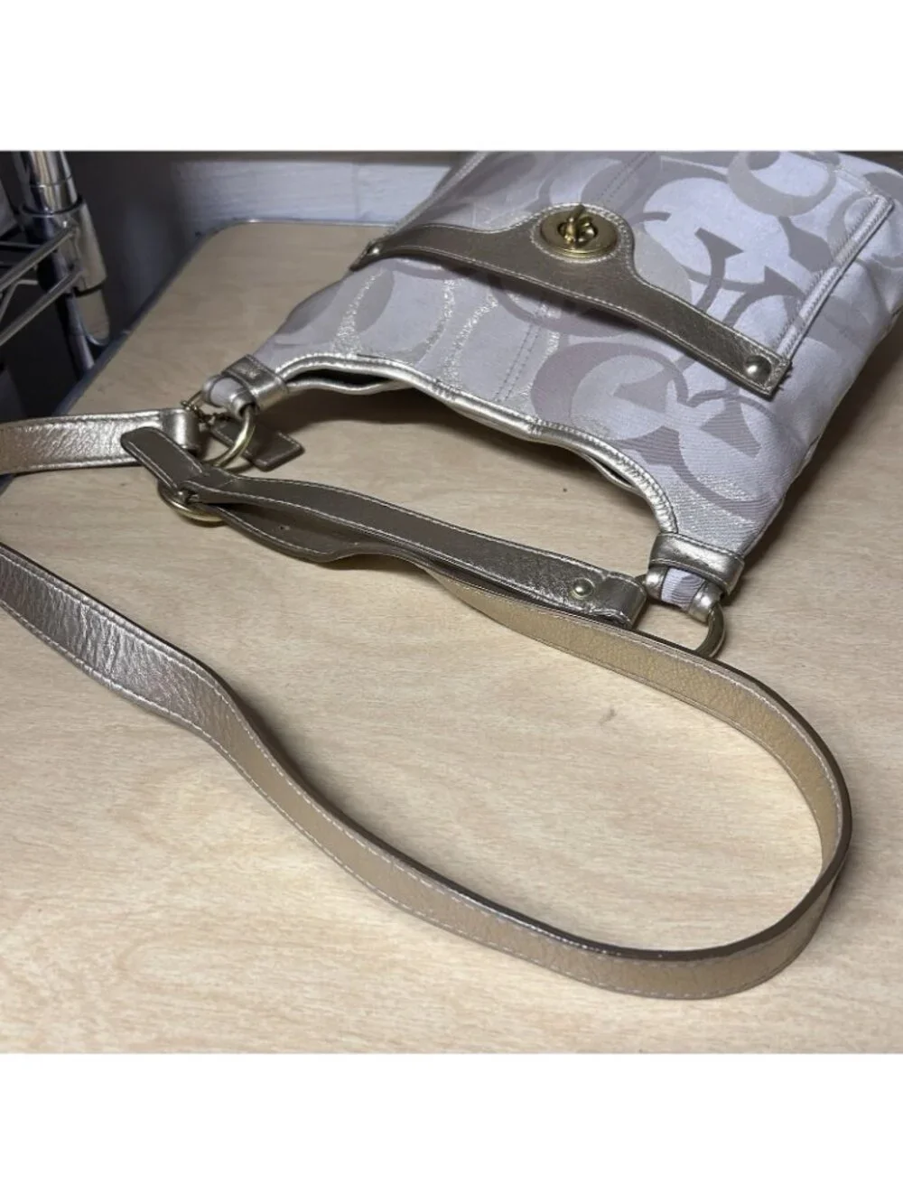 Coach Penelope Optic Metallic Signature Bag 18478 Gold Beige Purse
